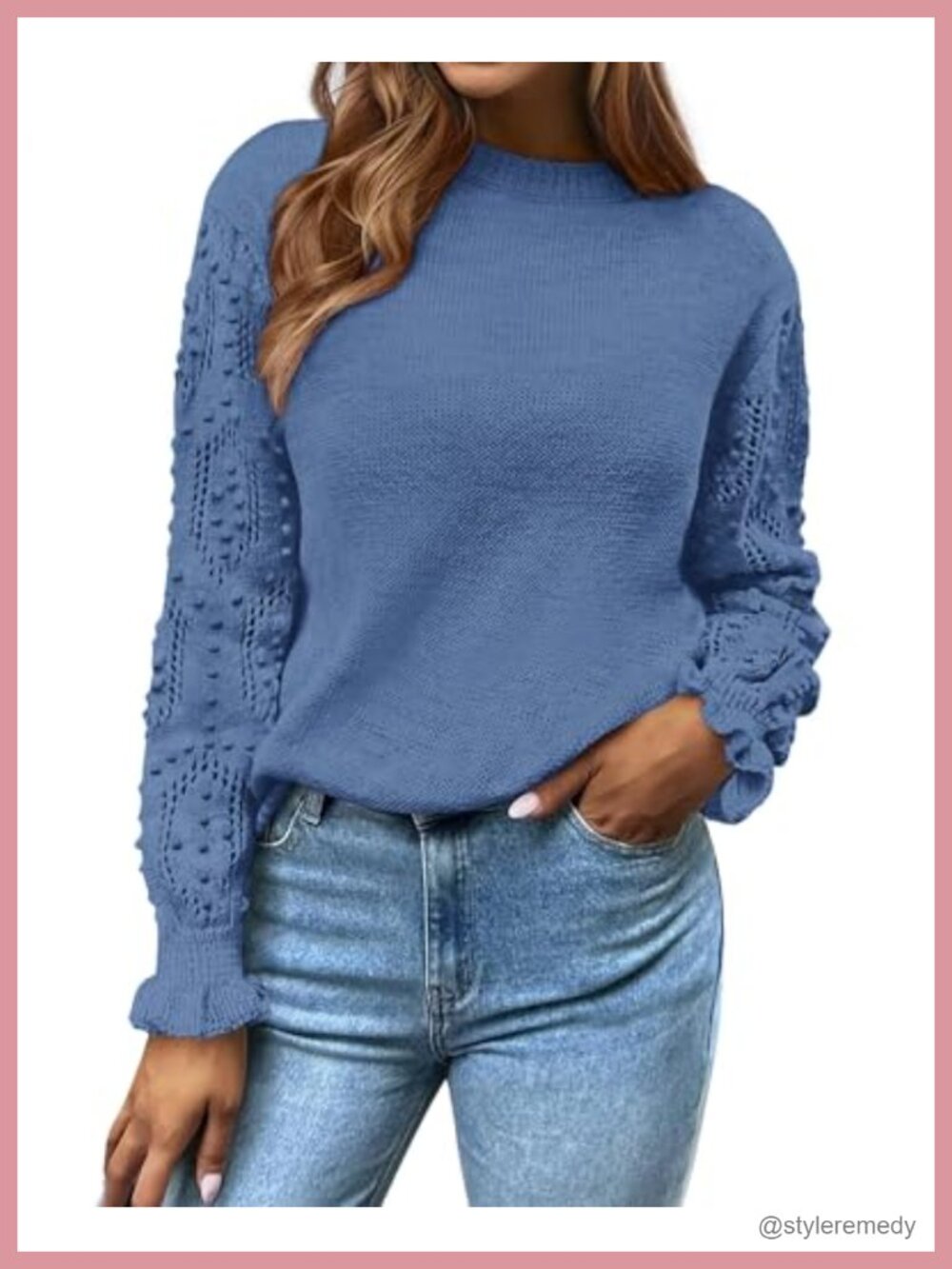 Hollow Out Knit Sweater Women Ruffled Crewneck Pullover